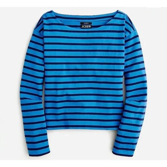 J. Crew Preppy Nautical Coastal Beach Large cropped boat neck Blue Stripe Top - Picture 1 of 7